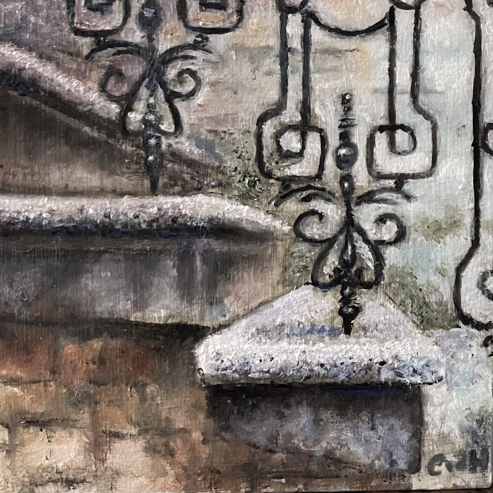 Detail trap, 14x14 cm, olieverf op paneel, miniatuur