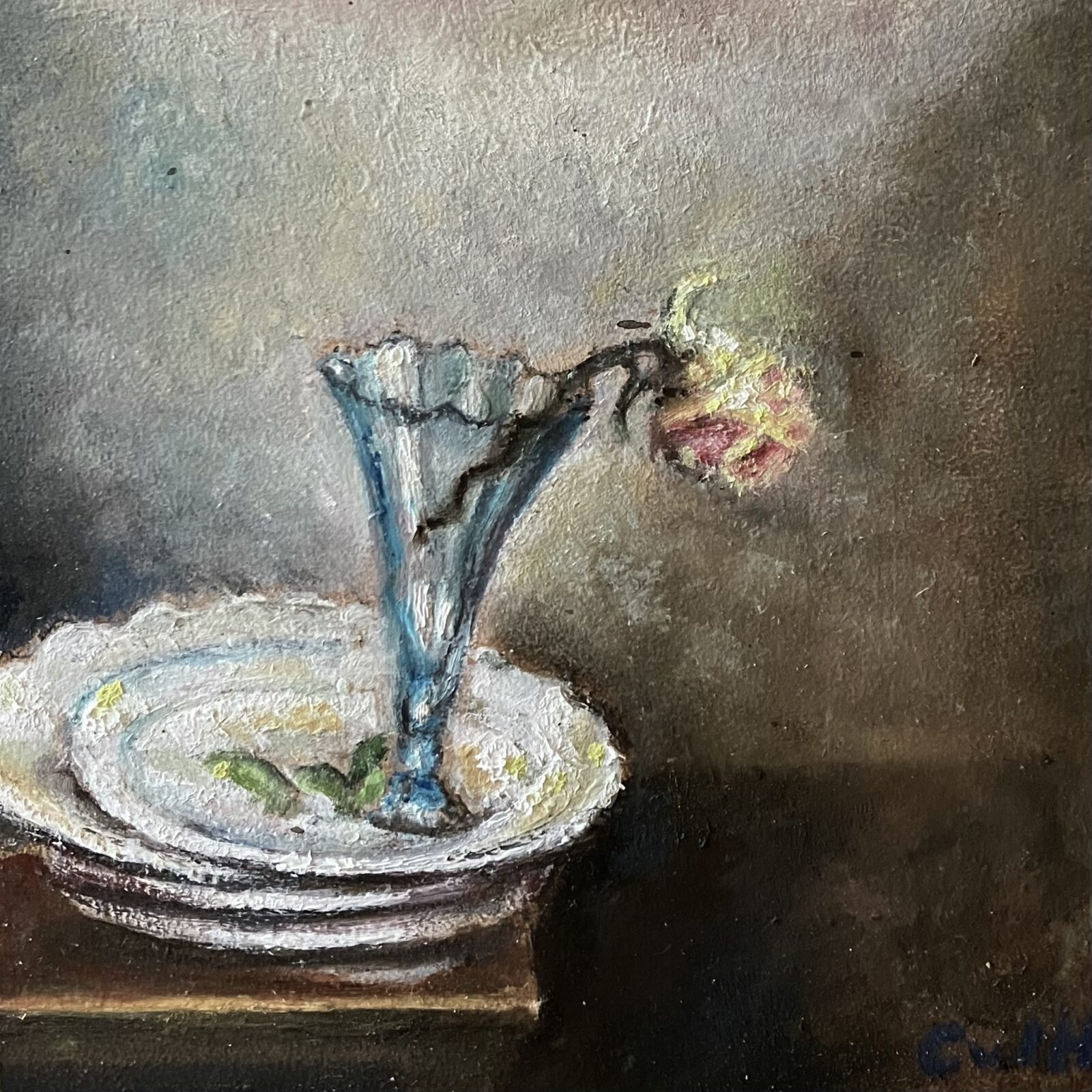 Party is over, olieverf op paneel, 14x14 cm, miniatuur