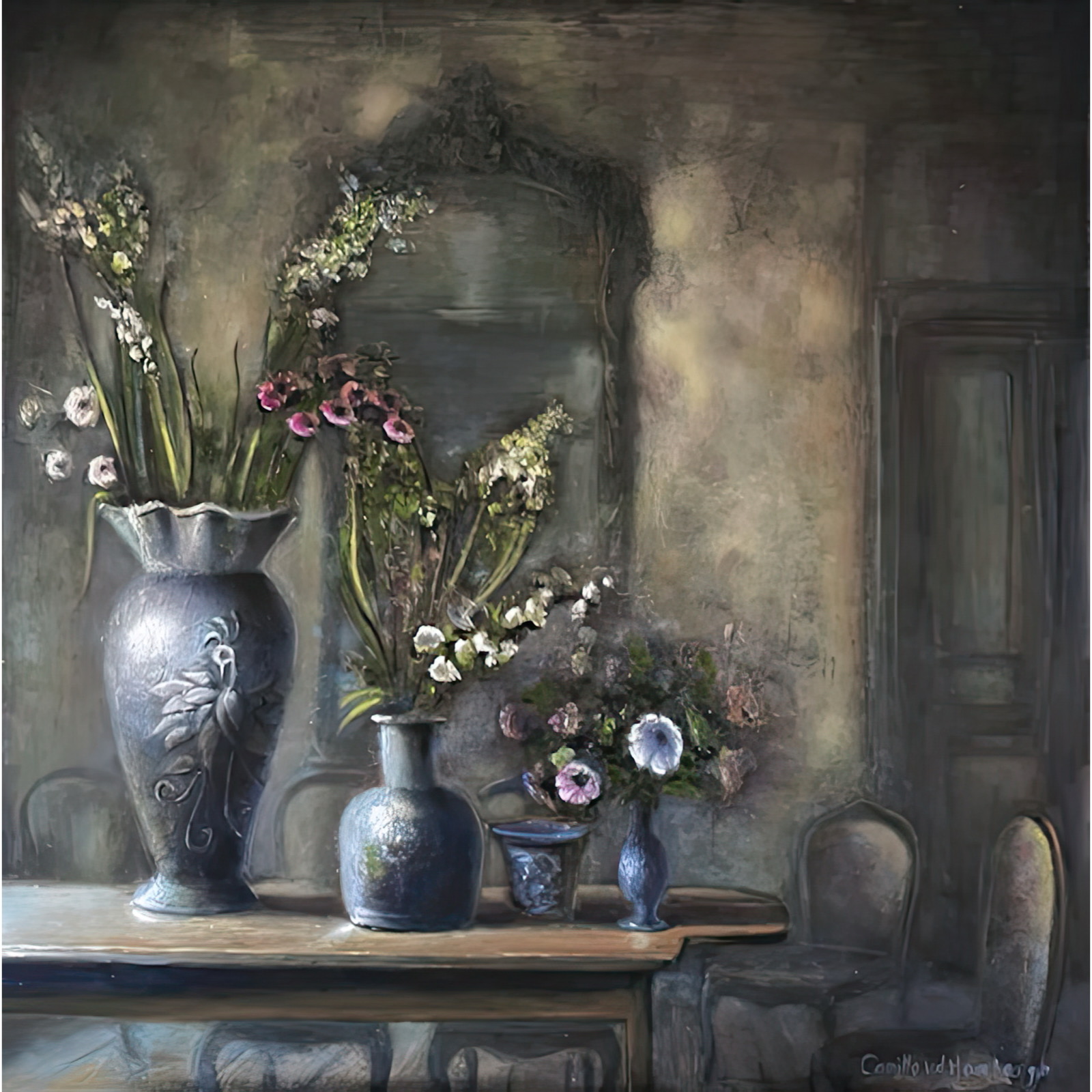 Stilleven met bloemen, olieverf op paneel, 70x70 cm