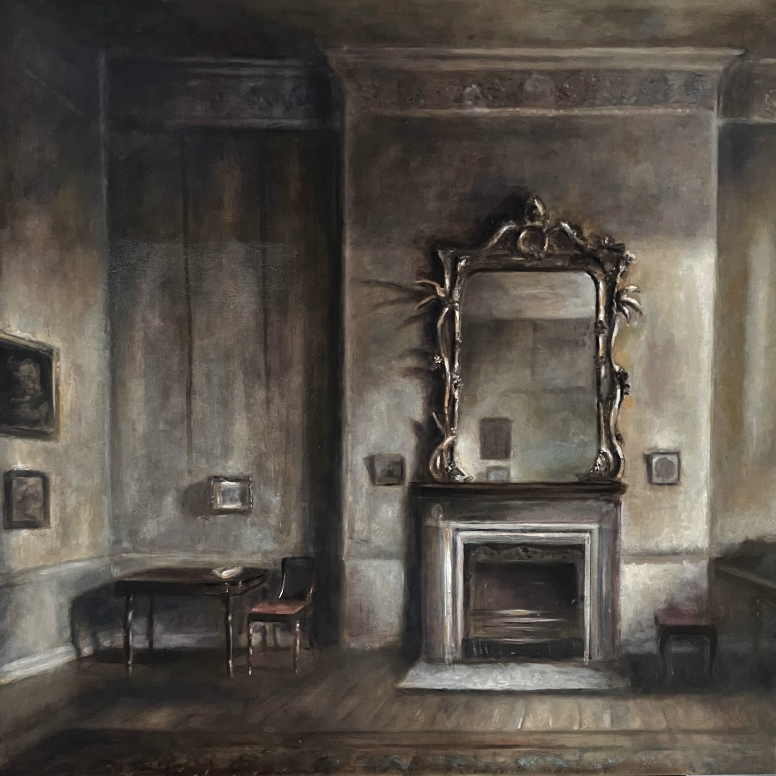 Stilleven met spiegel, olieverf op paneel, 70x70 cm