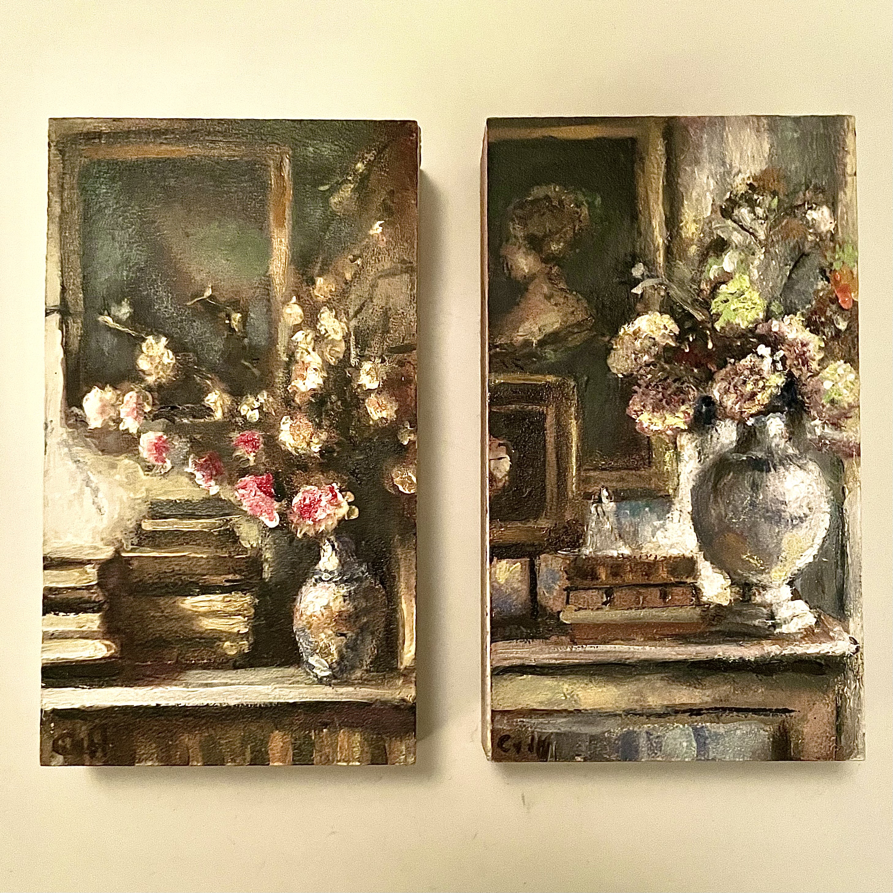 Cosy in the study 1 en 2, miniatuur, olieverf op paneel, 14.x8 cm